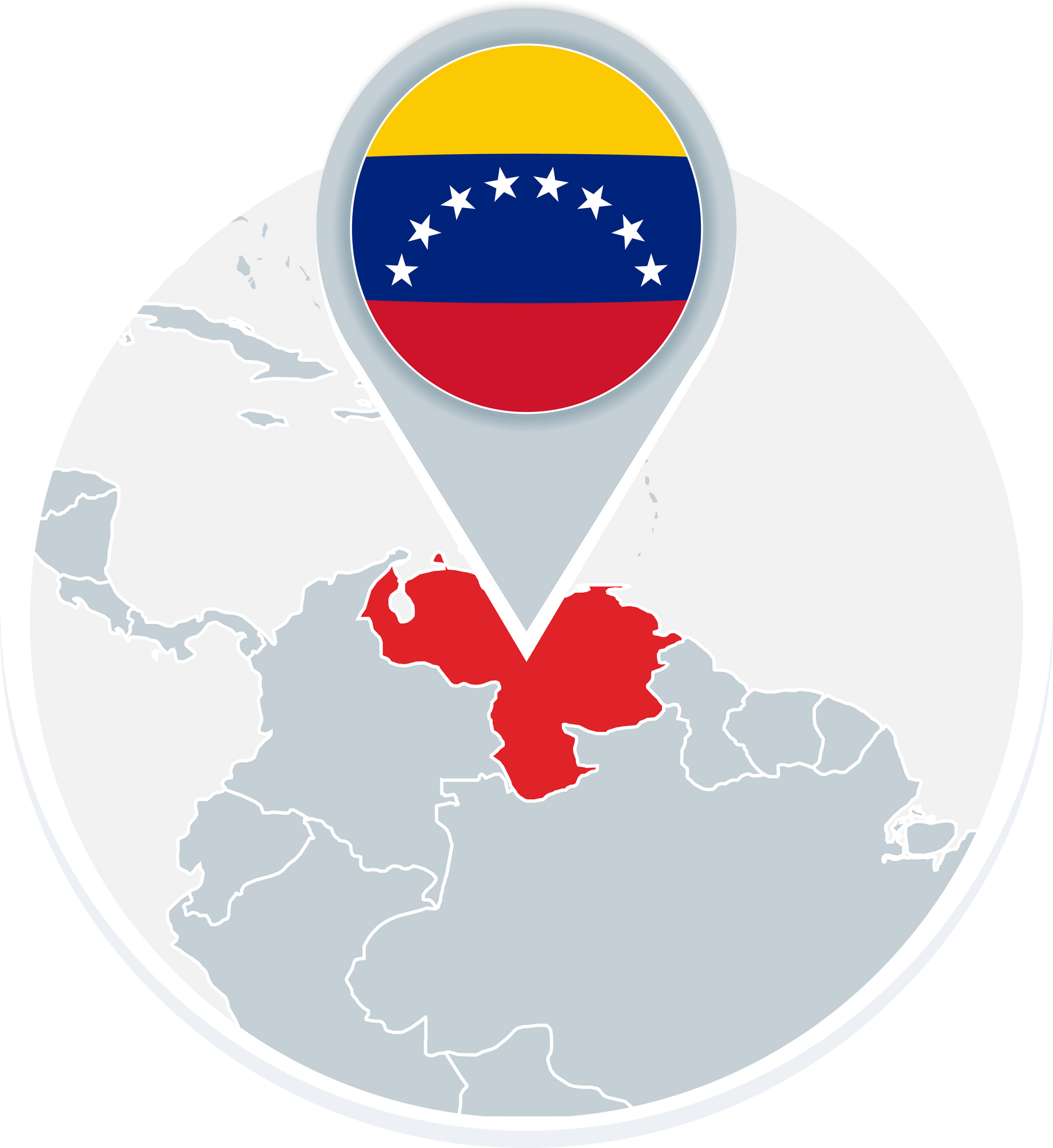 Venezuela map and flag, map icon with highlighted Venezuela